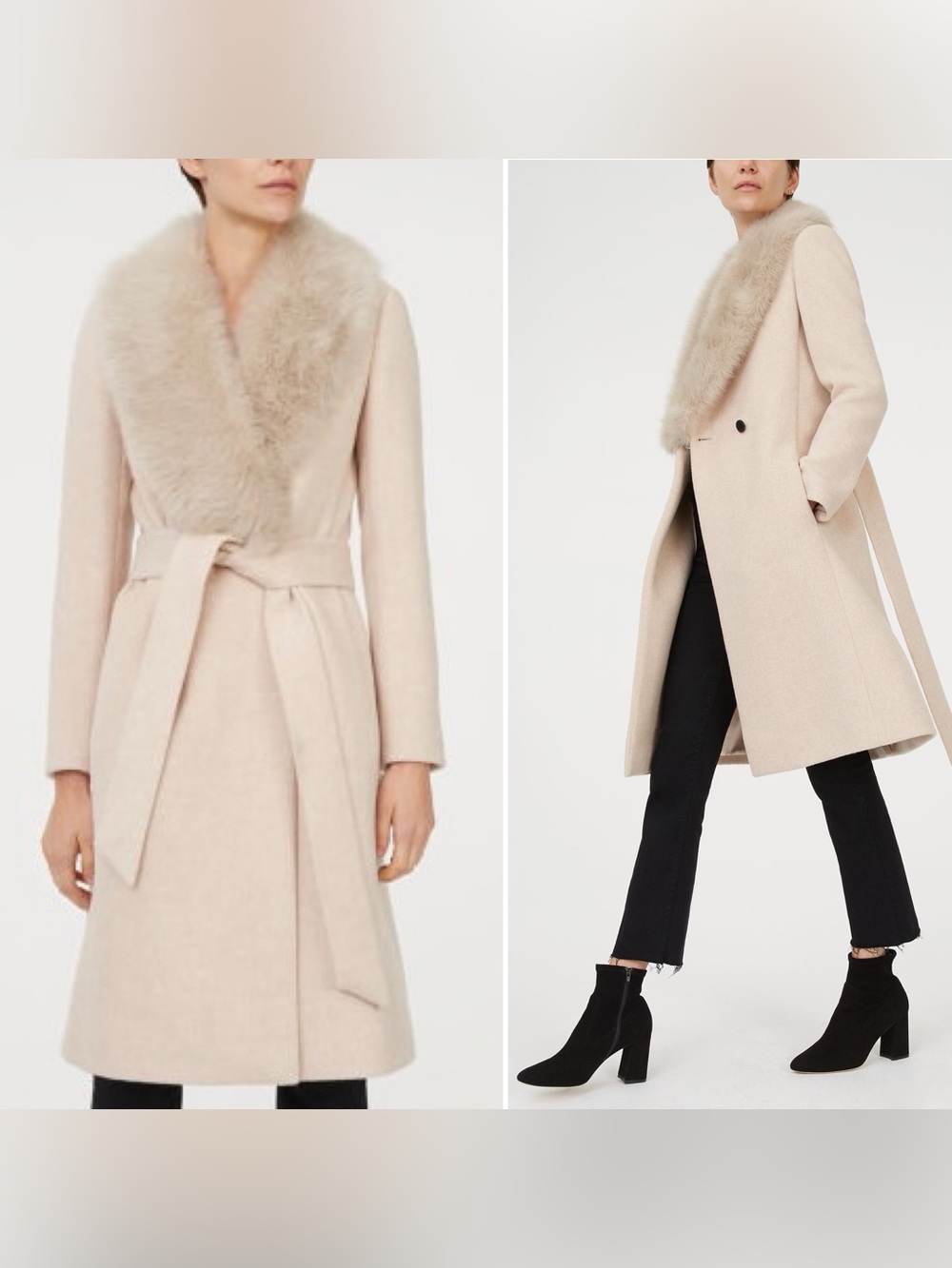 Club Monaco LENORIA Wool Coat Belted Faux Fur Collar Cream MEDIUM- NWOT $470